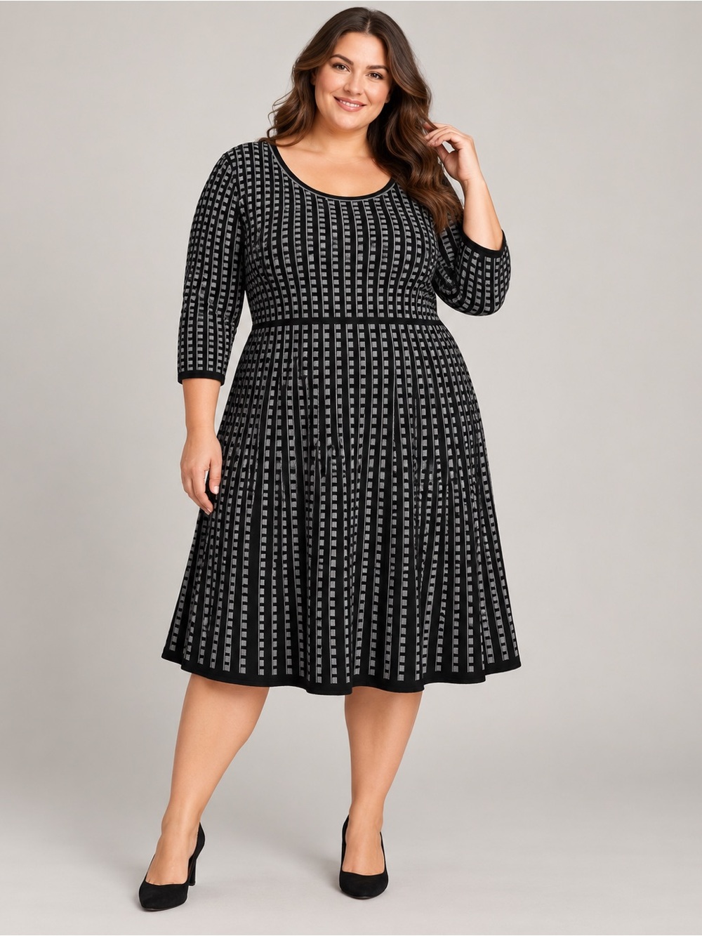 Lane Bryant Plus Size 26/28 Black Gray Geometric Knit Fit & Flare Dress NWT